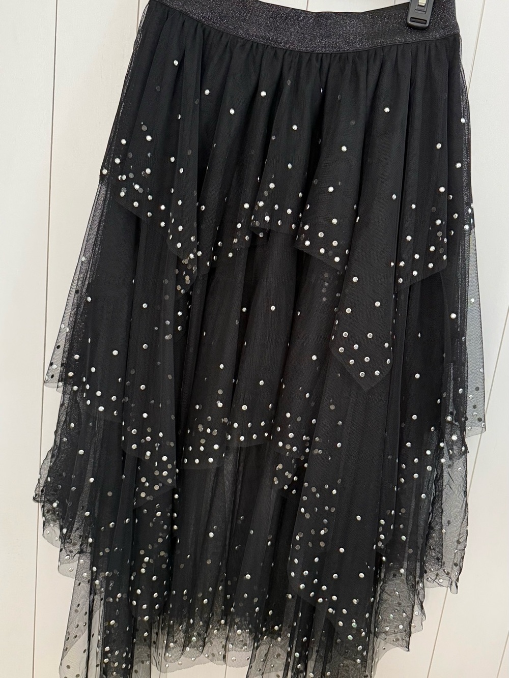 sass & bide Black Asymmetrical Layered Tulle Skirt with Pearl Embellishments